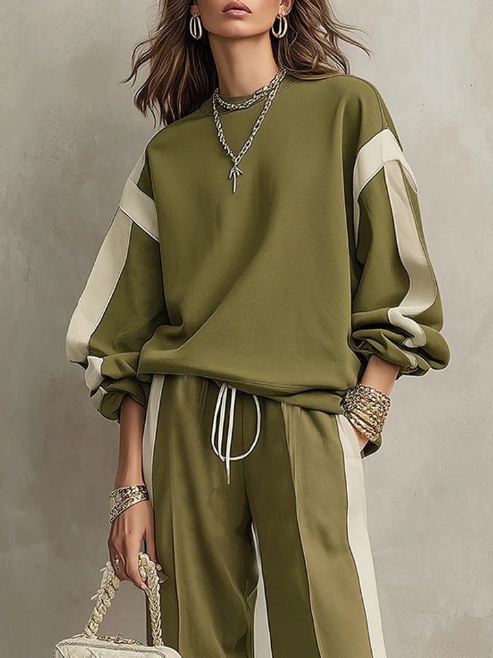 Sonia | Completo Casual Felpa Verde Oliva con Girocollo e Pantalone Ampio con Coulisse