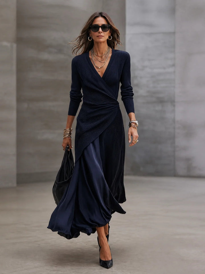 Loredana | Abito Maxi Asimmetrico con Scollo a V e Pannelli in Raso Blu Navy