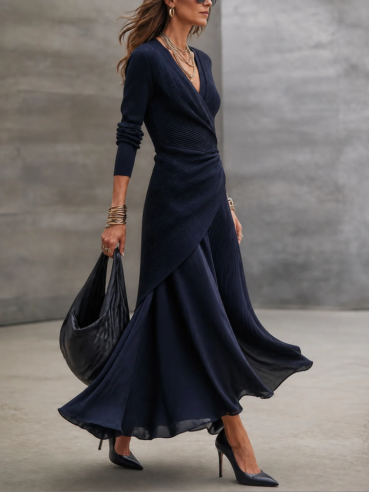Loredana | Abito Maxi Asimmetrico con Scollo a V e Pannelli in Raso Blu Navy