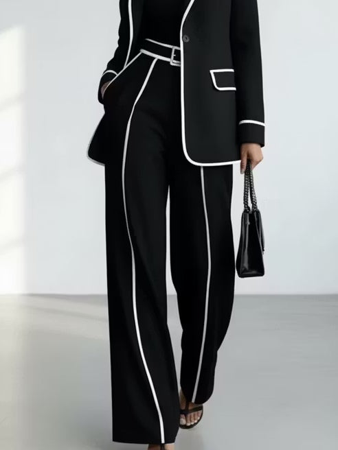 Claudia | Completo Due Pezzi Blazer con Bordo a Contrasto Nero e Pantalone a Gamba Larga