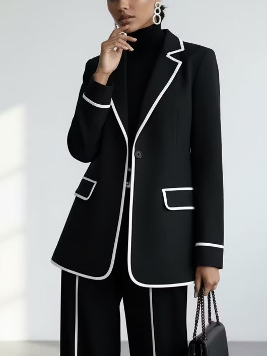 Claudia | Completo Due Pezzi Blazer con Bordo a Contrasto Nero e Pantalone a Gamba Larga