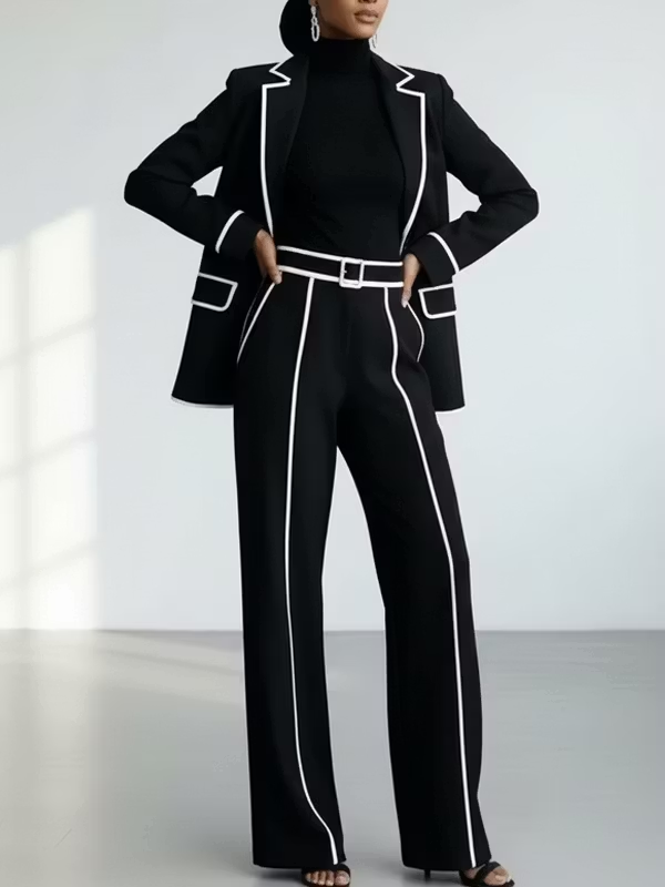 Claudia | Completo Due Pezzi Blazer con Bordo a Contrasto Nero e Pantalone a Gamba Larga