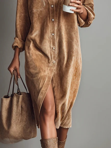 Beatrice | Abito Midi in Velluto a Coste con Tasche e Bottone Singolo