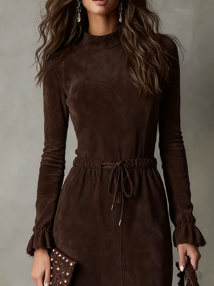 Laura | Abito Midi Elegante in Suede Marrone Scuro con Coulisse