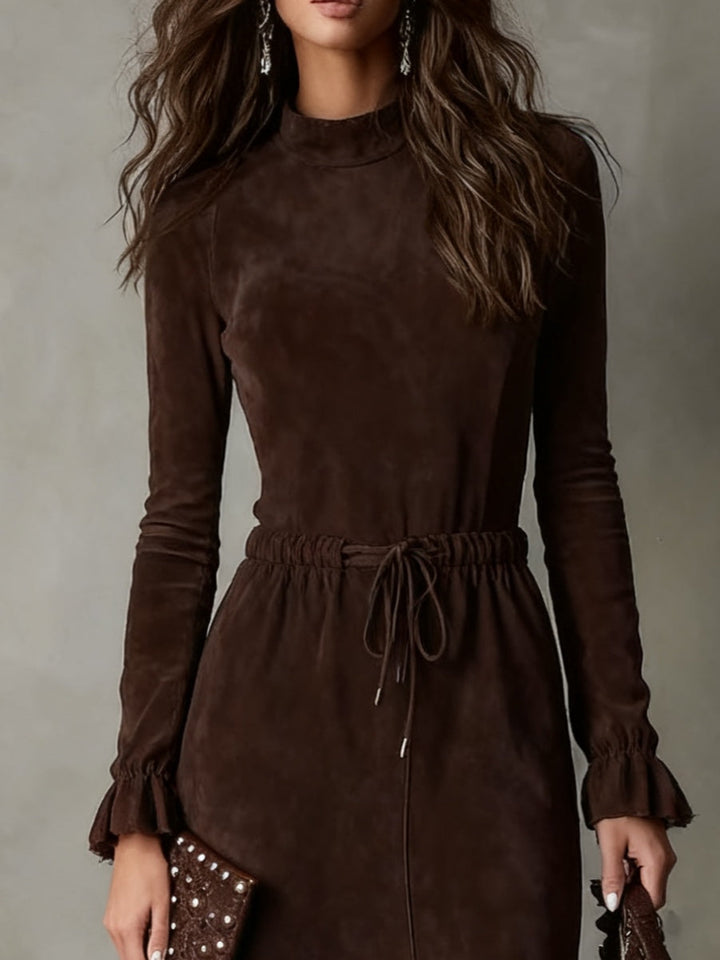 Laura | Abito Midi Elegante in Suede Marrone Scuro con Coulisse