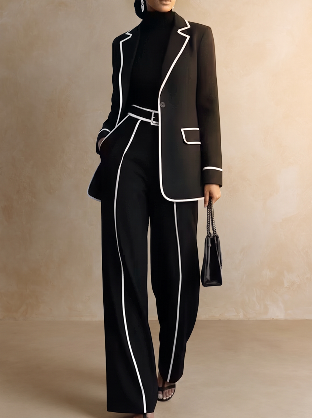 Claudia | Completo Due Pezzi Blazer con Bordo a Contrasto Nero e Pantalone a Gamba Larga