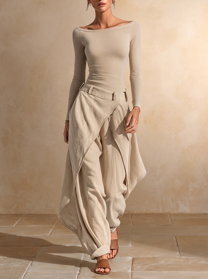 Giuliana | Completo Top Beige con Scollo a Barchetta e Pantalone a Gamba Larga a Strati
