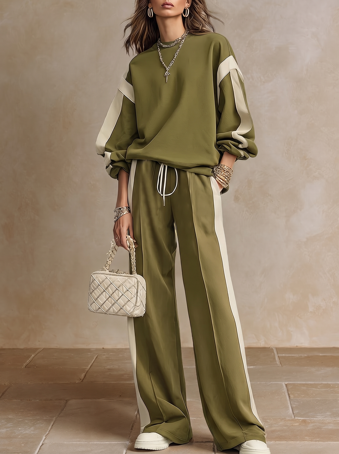 Sonia | Completo Casual Felpa Verde Oliva con Girocollo e Pantalone Ampio con Coulisse
