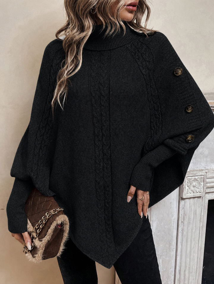 Alexis | Maglione Poncho con Collo Alto e Maniche a Pipistrello, Pullover a Maglia Cable Asimmetrico