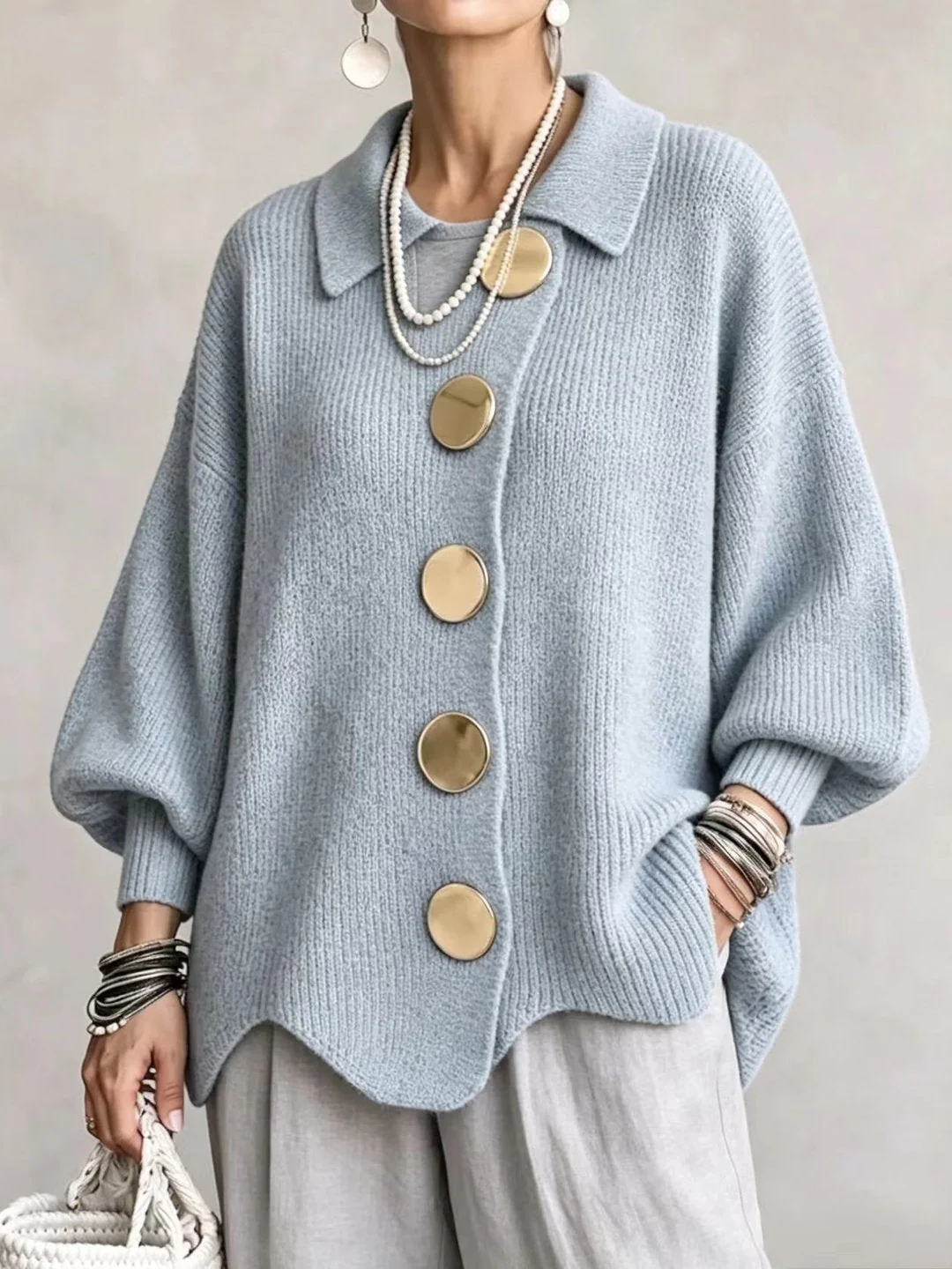 Stefania | Cardigan Oversize con Collo e Bottoni Metallici