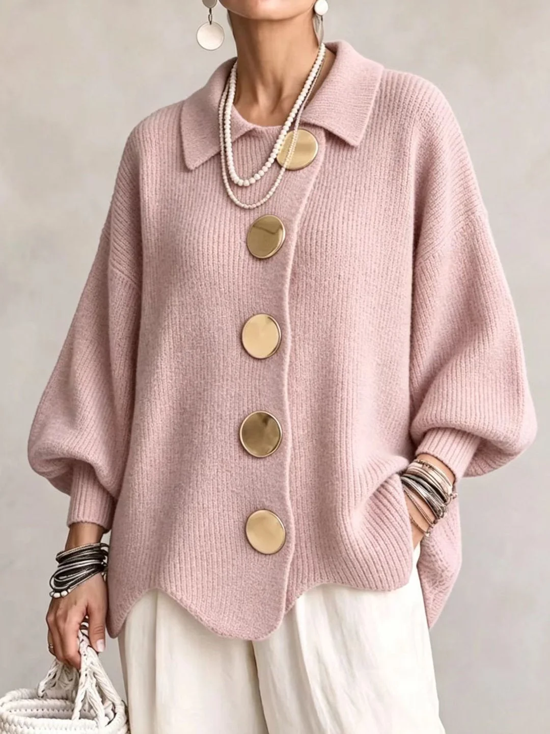 Stefania | Cardigan Oversize con Collo e Bottoni Metallici