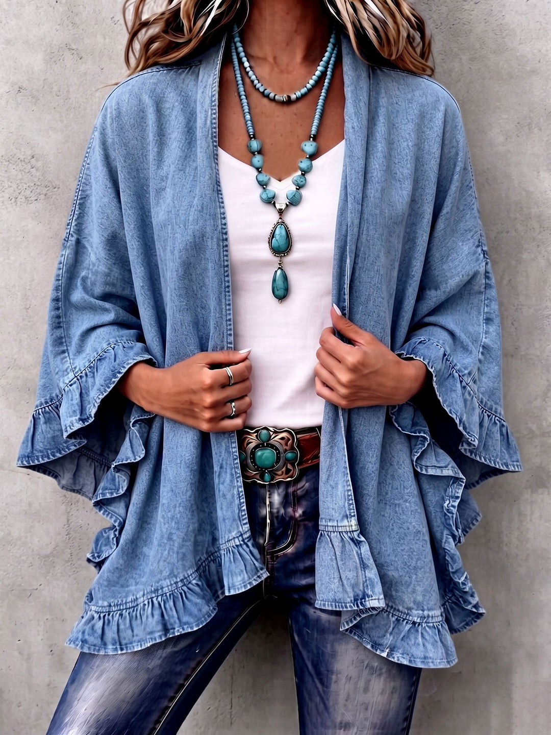 Corinne | Cardigan in Denim con Righe Ruffle Chic Boho