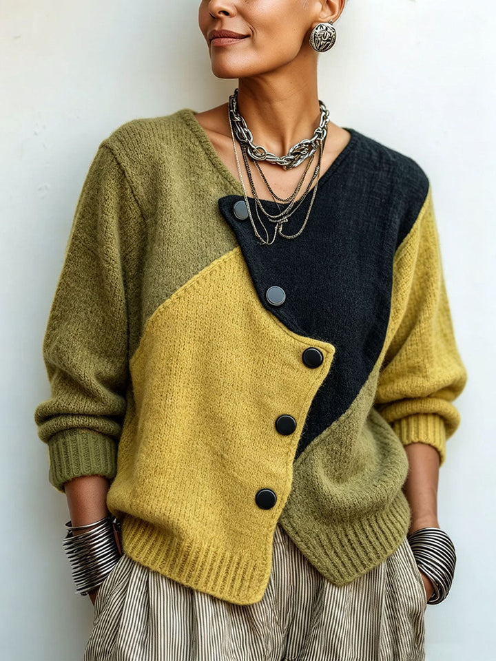 FREYA | Cardigan in Maglia Asimmetrico con Bottoni a Blocco di Colore per Donna